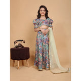 Multicolor chiffon printed girl's lehenga choli set, half sleeve V-neck traditional Indian outfit