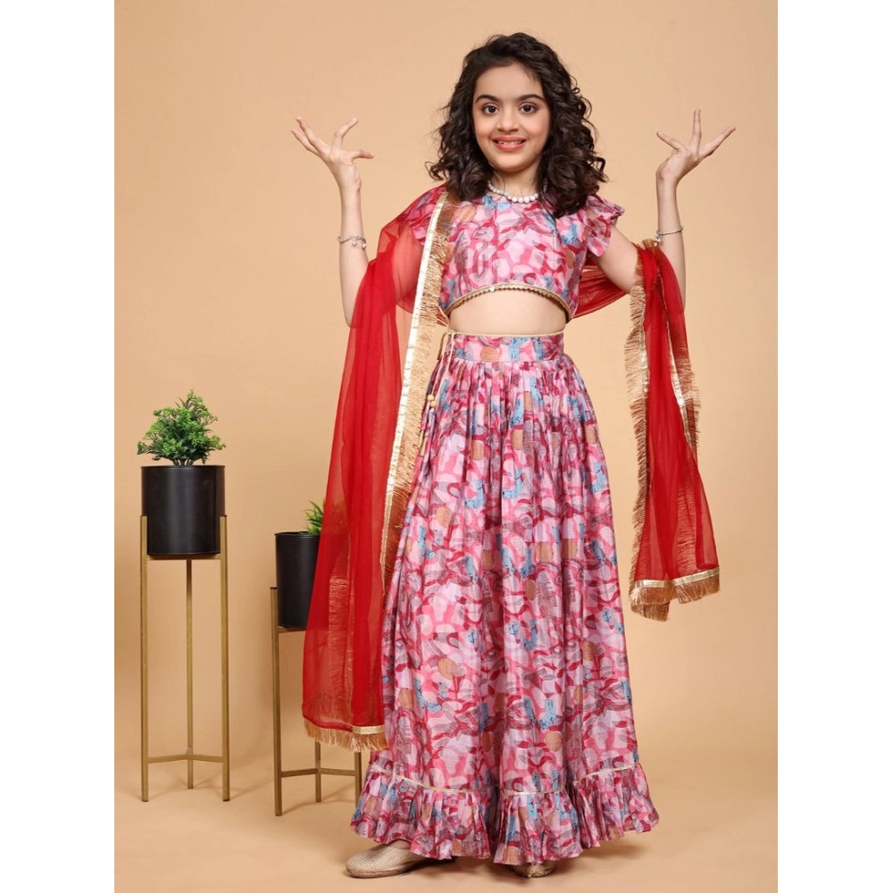 Pink chiffon printed lehenga choli set, sleeveless and round neck design for girls