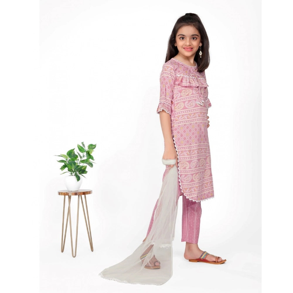 Baby Pink cotton printed kurti set with bottom dupatta, 3/4th sleeves and round neck, popular Indian fashion for girls