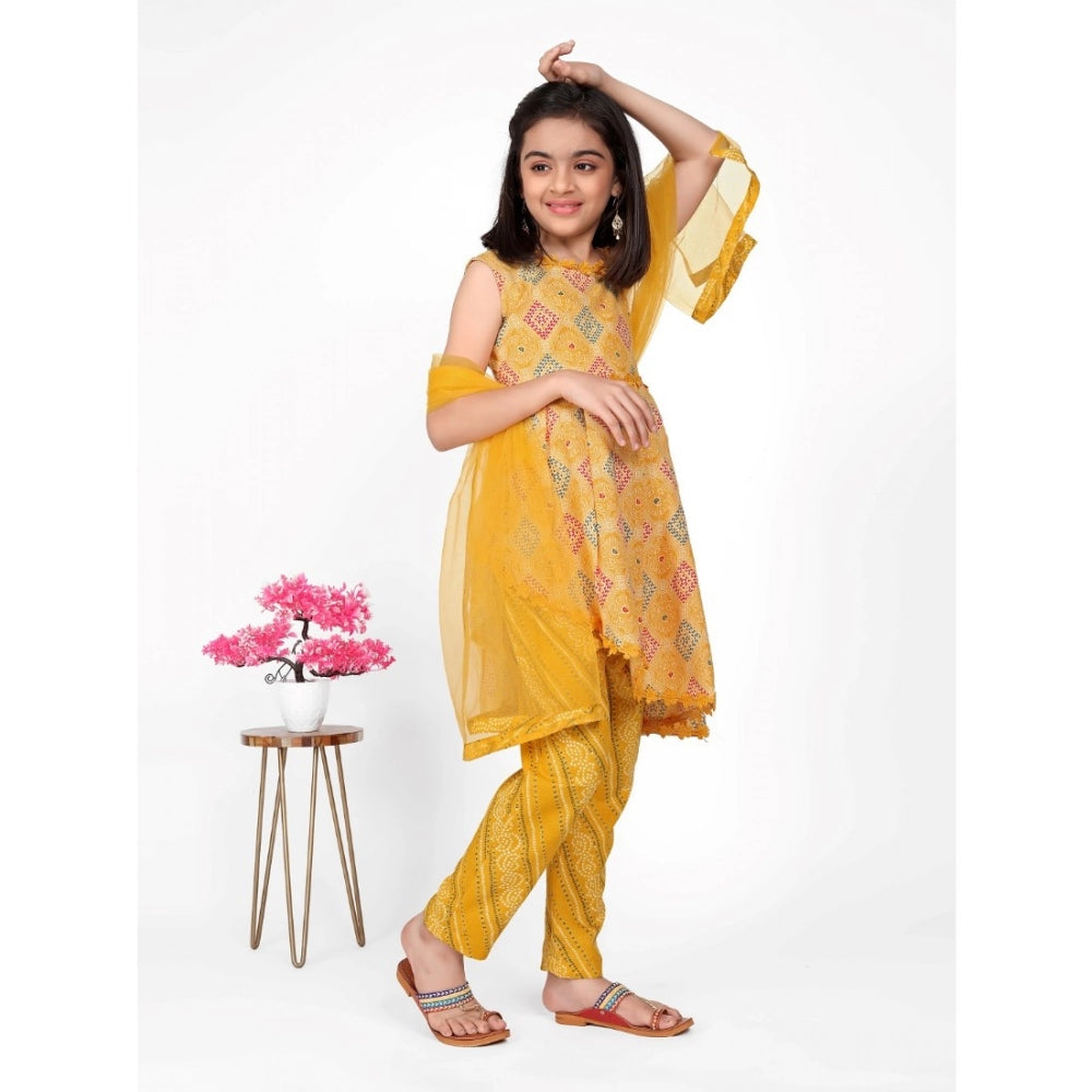 Yellow cotton printed kurti set with bottom dupatta, sleeveless, round neck, vibrant pattern for girls' fashion