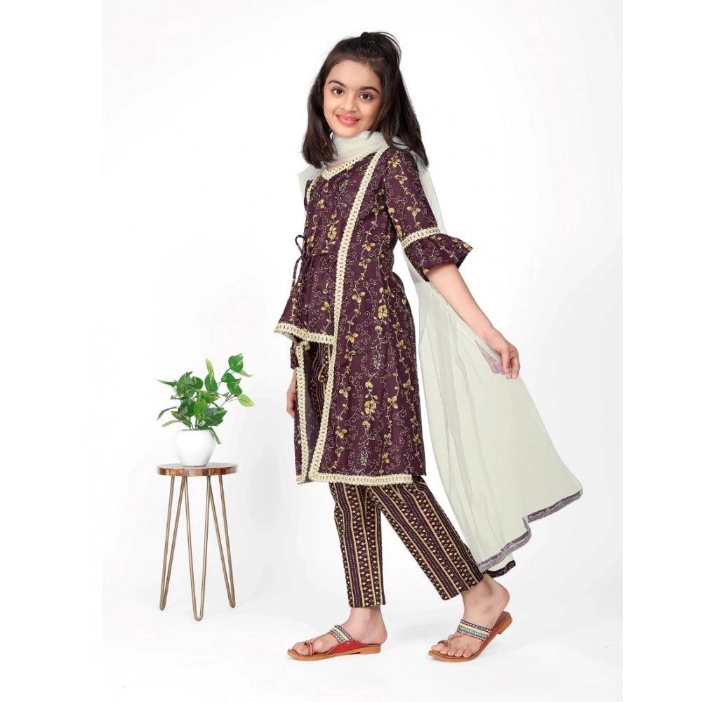 Maroon cotton embroidery lace shrug kurti with bottom dupatta set - intricate detailing, traditional Indian outfit for girls