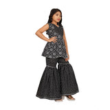 Black cotton rayon printed girl's top & sharara set with sleeveless V-neck design
