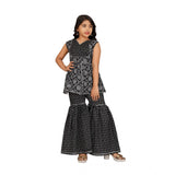 Black cotton-rayon printed top and sharara set with vibrant patterns, sleeveless and v-neck design