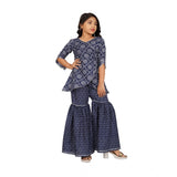 Blue cotton rayon printed top and sharara set for girls with v-neck and 3/4 sleeves