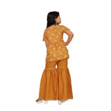 Mustard cotton-rayon printed top and sharara set for girls, half sleeve and round neck design