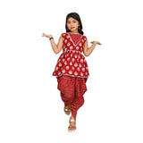 Maroon cotton rayon printed top and dhoti with dupatta set - sleeveless, round neck, vibrant printed pattern for girls' ethnic wear
