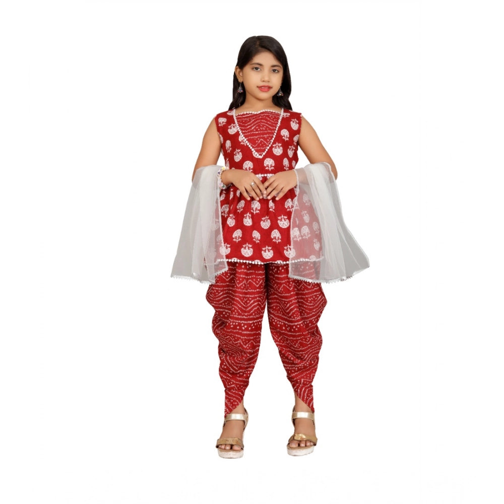 Maroon cotton rayon printed top and dhoti with dupatta set - sleeveless, round neck, vibrant print