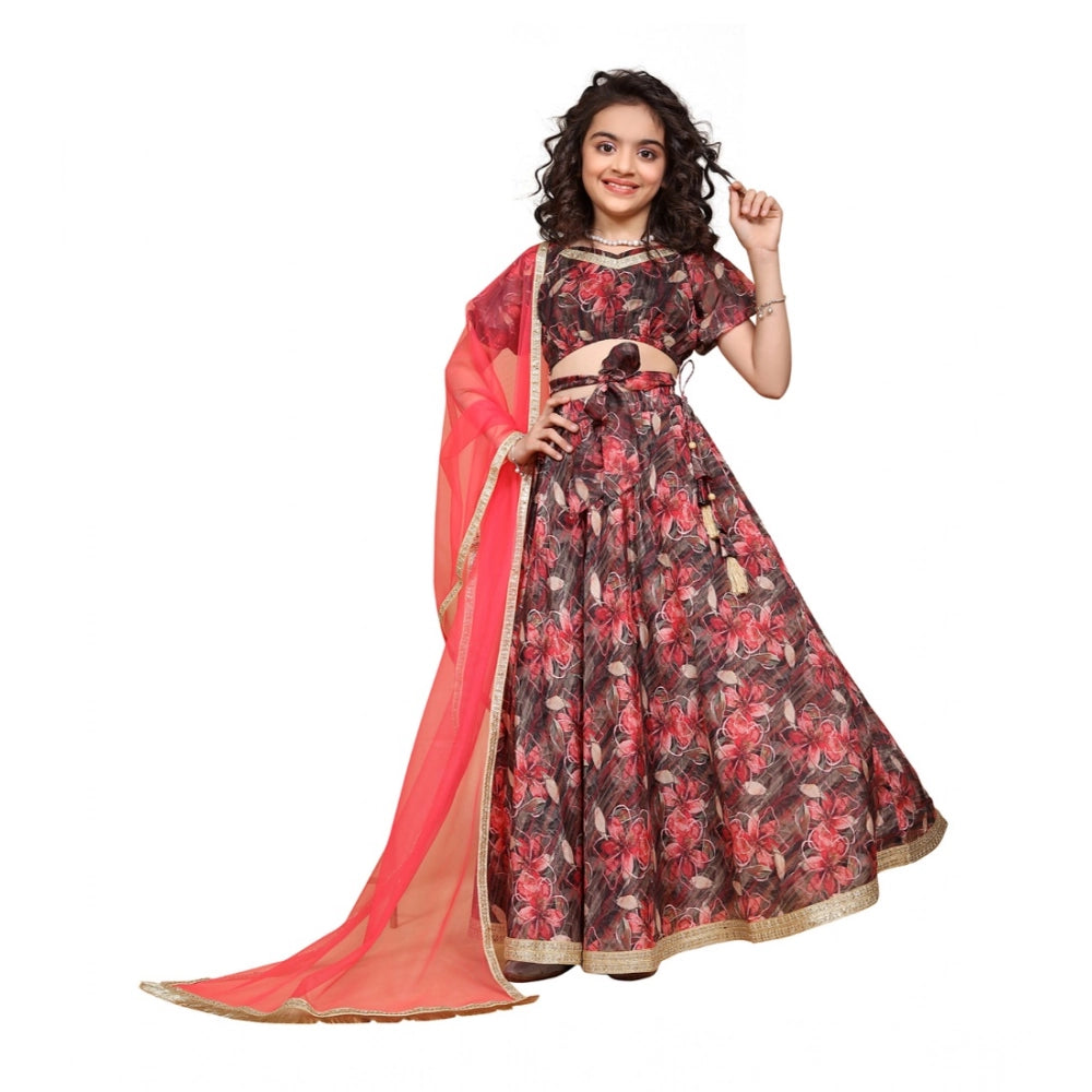 Maroon chiffon printed lehenga-choli set for girls, half sleeve with v-neck, Indian traditional wear