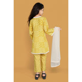 Yellow silk blend floral printed shiffli lace salwar kameez dupatta set for girls on display