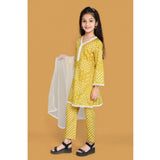 Yellow silk blend floral printed shiffli lace salwar kameez dupatta set for girls on display