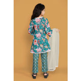 Teal silk blend floral printed shiffli lace salwar kameez dupatta set for girls, vibrant floral pattern on V-neck traditional Indian attire