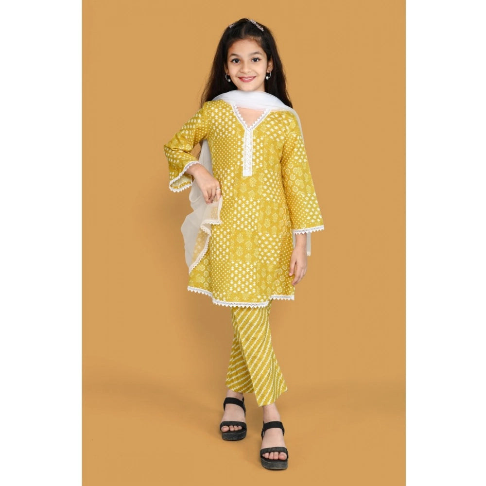 Yellow silk blend floral printed shiffli lace salwar kameez dupatta set for girls