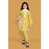 Yellow silk blend floral printed shiffli lace salwar kameez dupatta set for girls