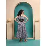 Grey Maslin printed crop top & flared skirt set for girls, sleeveless round neck style with intricate pattern detail