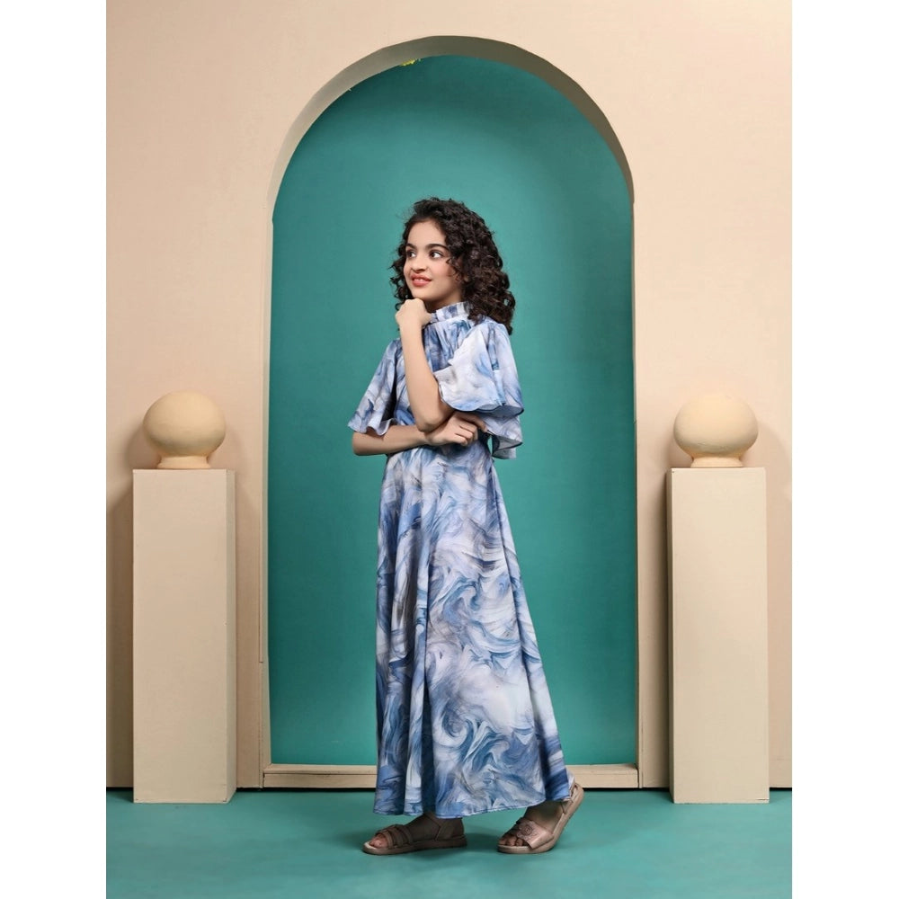 Sky blue Maslin printed maxi length dress for girls, half sleeve with close neck design