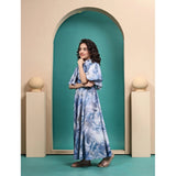 Sky blue Maslin printed maxi length dress for girls, half sleeve with close neck design
