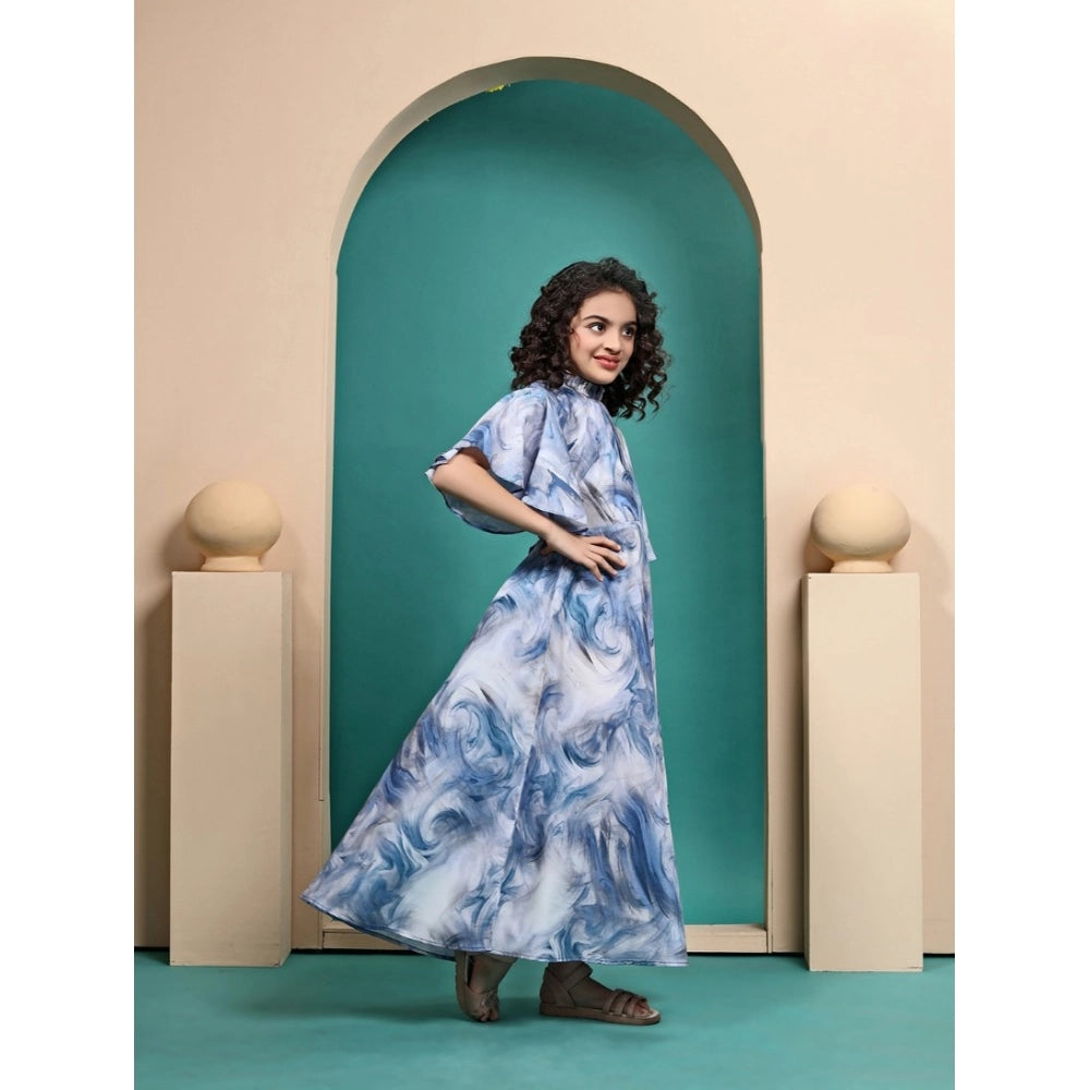 Sky Blue Maslin printed maxi length dress for girls with half sleeves and close neck