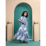 Sky Blue Maslin printed maxi length dress for girls with half sleeves and close neck