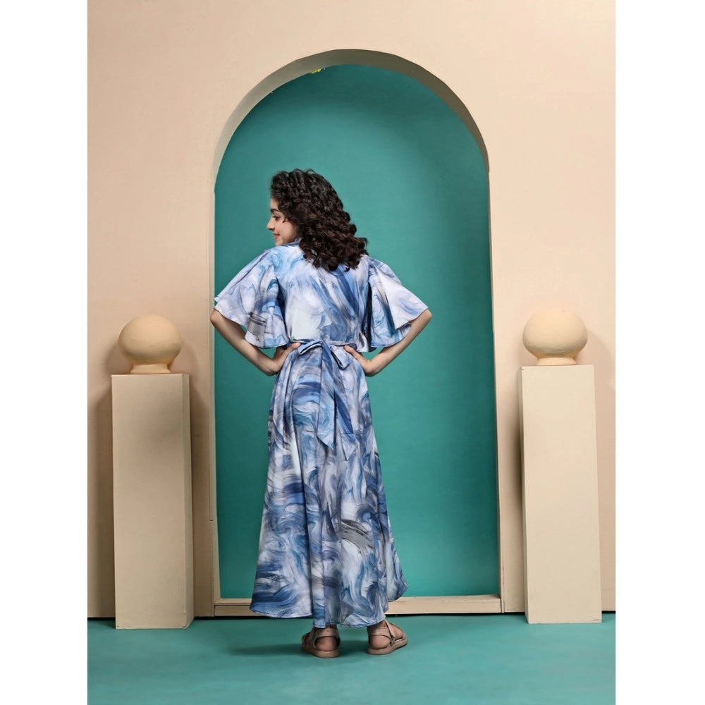 Sky Blue Maslin printed maxi length dress with half sleeves and close neck, ideal for summer outfits