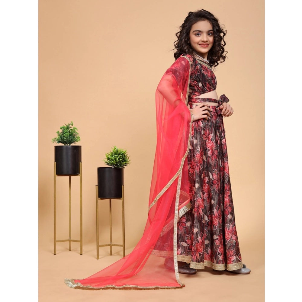 Maroon chiffon printed girl's lehenga choli set, half sleeve with v-neck design
