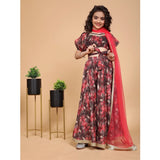Maroon chiffon printed girl's lehenga-choli set with half sleeve, v-neck design