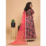 Maroon chiffon printed girl's lehenga-choli set with half sleeves and v-neck collar, vibrant pattern on soft fabric