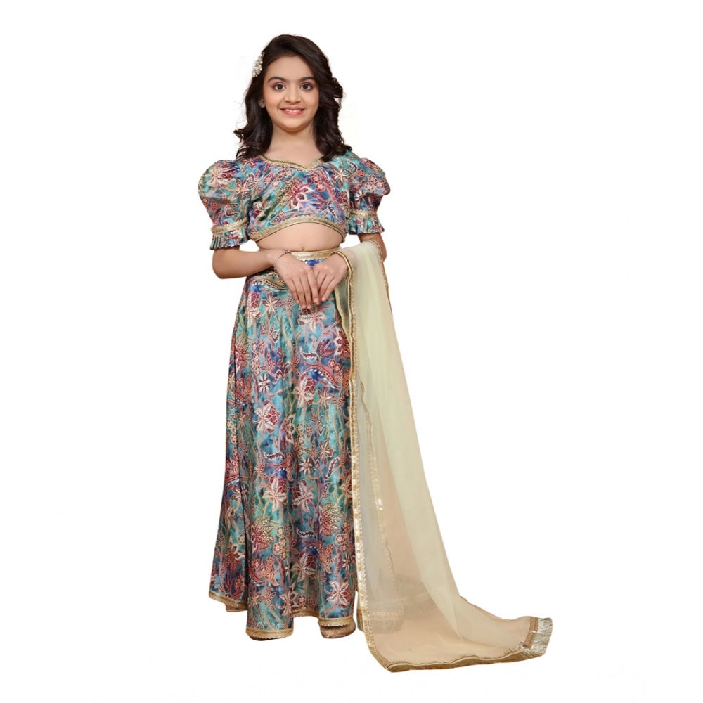 Multicolor chiffon printed lehenga choli set for girls, half sleeve v-neck style on mannequin