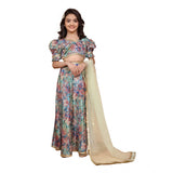 Multicolor chiffon printed lehenga choli set for girls, half sleeve v-neck style on mannequin