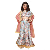 Blue chiffon printed lehenga choli set for girls, sleeveless off-shoulder design