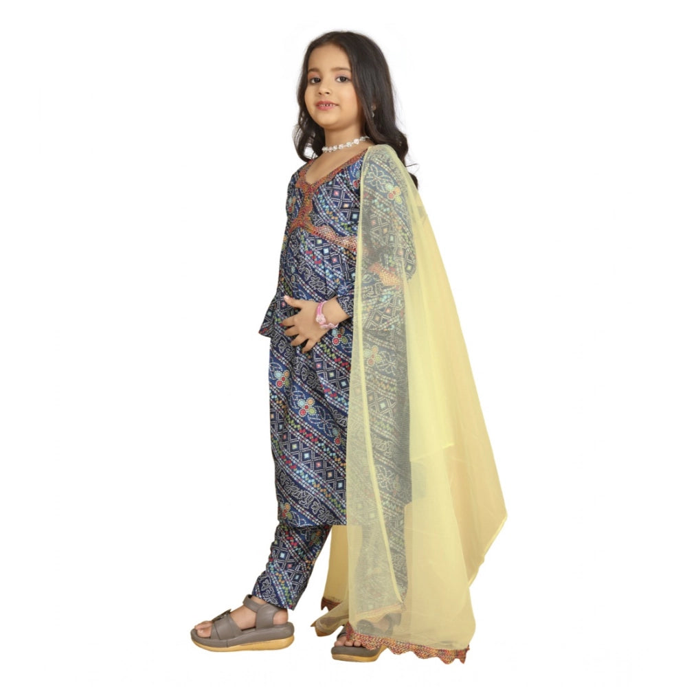 Blue Maslin Embroidery Lace Aliya Cut Top & Bottom Dupatta Set, intricate lace detailing on 3/4 sleeve V-neck top