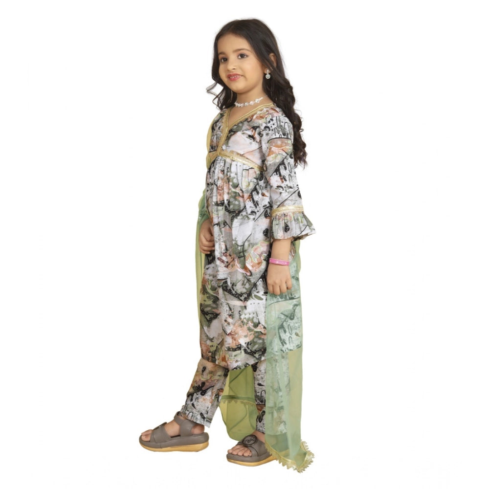 Green Maslin Embroidery Lace Aliya Cut Top & Bottom Dupatta Set - V neck, 3-4th sleeve