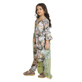 Green Maslin Embroidery Lace Aliya Cut Top & Bottom Dupatta Set - V neck, 3-4th sleeve