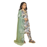 Green Maslin Embroidery Lace Aliya Cut Top & Bottom Dupatta Set - Traditional Indian outfit for girls, V-neck with 3-4th sleeve