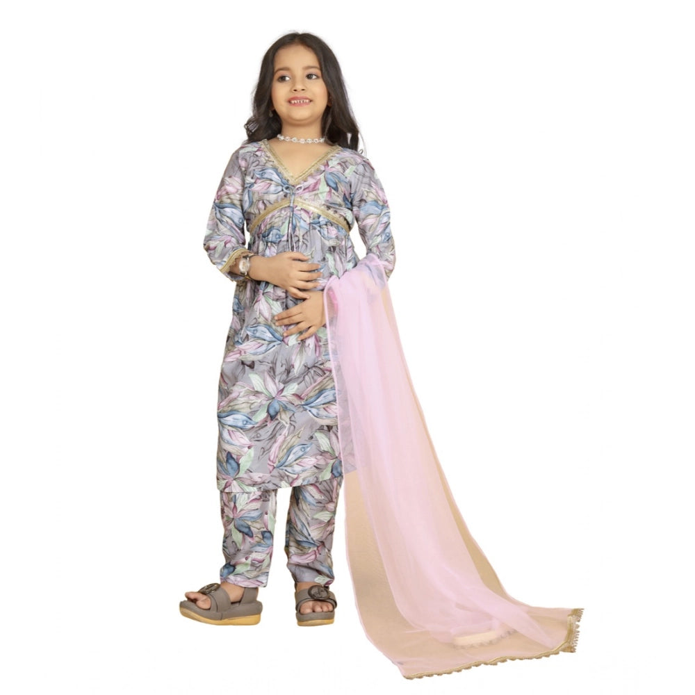 Grey Maslin Embroidery Lace Aliya Cut Top & Bottom Dupatta Set on fashion mannequin