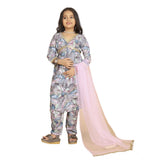 Grey Maslin Embroidery Lace Aliya Cut Top & Bottom Dupatta Set on fashion mannequin