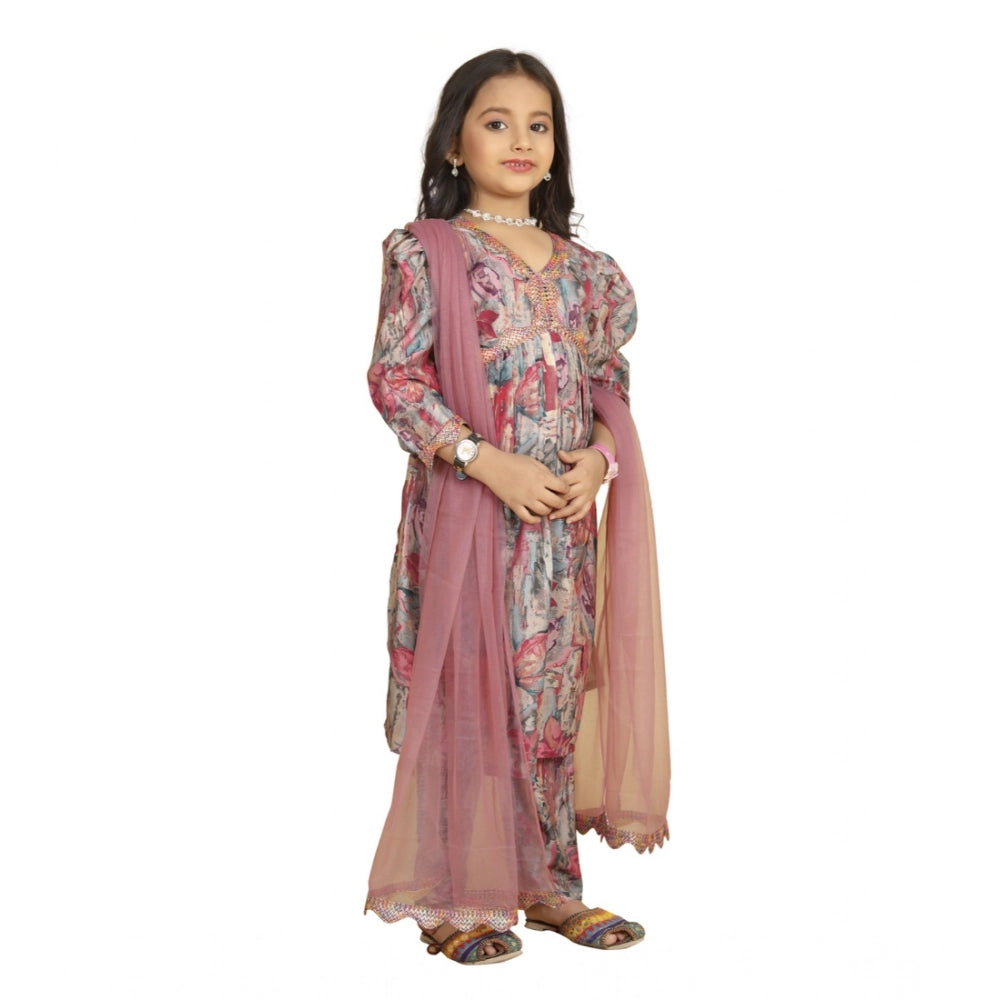 Multicolor Maslin Embroidery Lace Aliya Cut Top & Dupatta Set, 3-4th sleeve V-neck traditional Indian girl's outfit