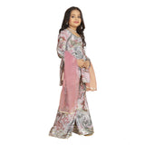 Pink Maslin Embroidery Lace Aliya Cut Top with Sharara Dupatta Set - Traditional Indian girl's outfit, V-neck, 3-4th sleeve style