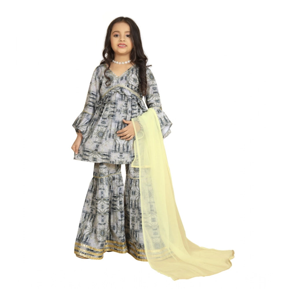 Grey Maslin embroidery lace Aliya cut top with sharara dupatta set, intricate lace detailing on a V-neck blouse and matching full-length skirt