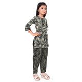 Grey cotton printed top & bottom set for girls, featuring 3/4 sleeves and round necks, vibrant print design