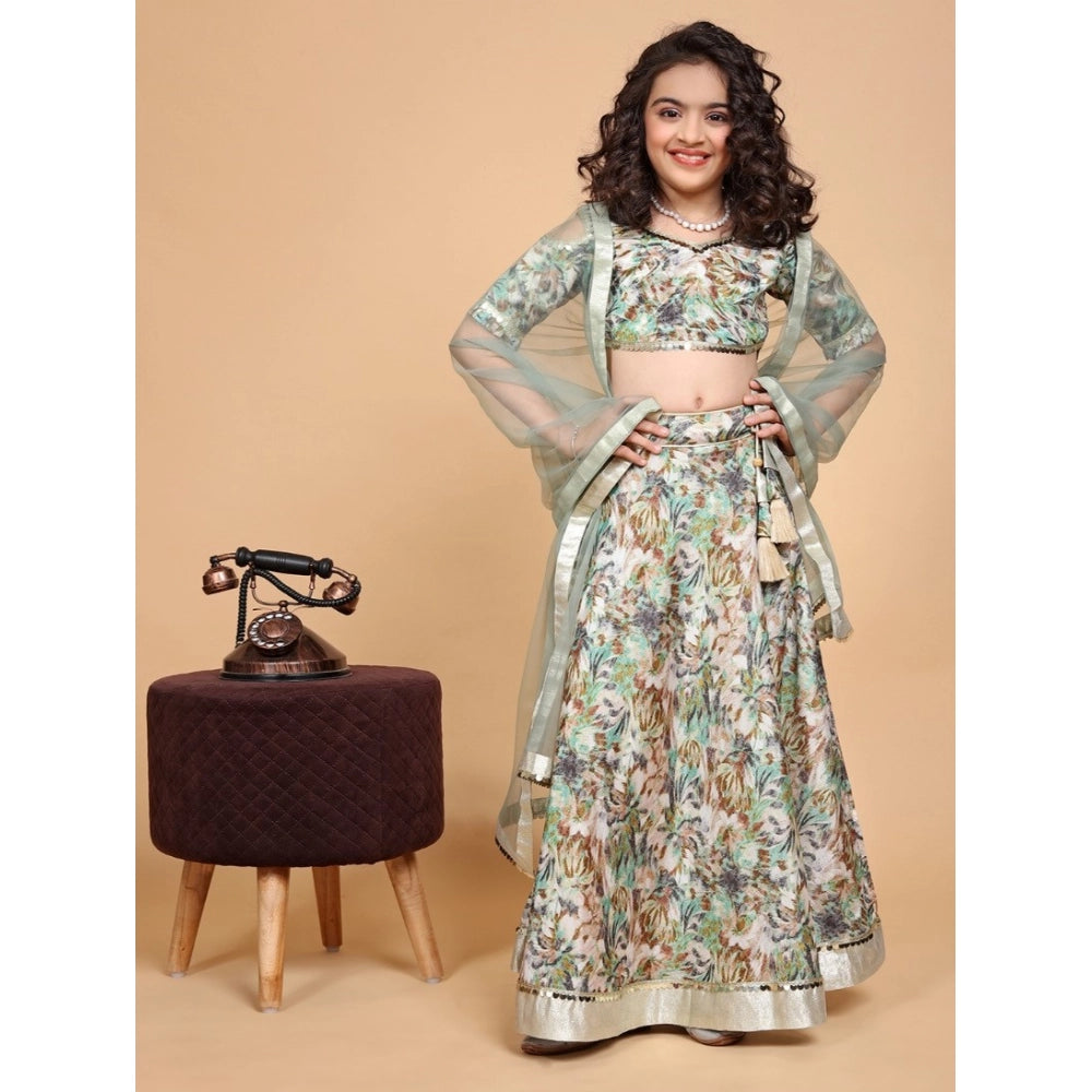 Green chiffon printed lehenga-choli set for girls, half sleeve and v-neck design