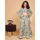 Green chiffon printed lehenga-choli set for girls, half sleeve and v-neck design