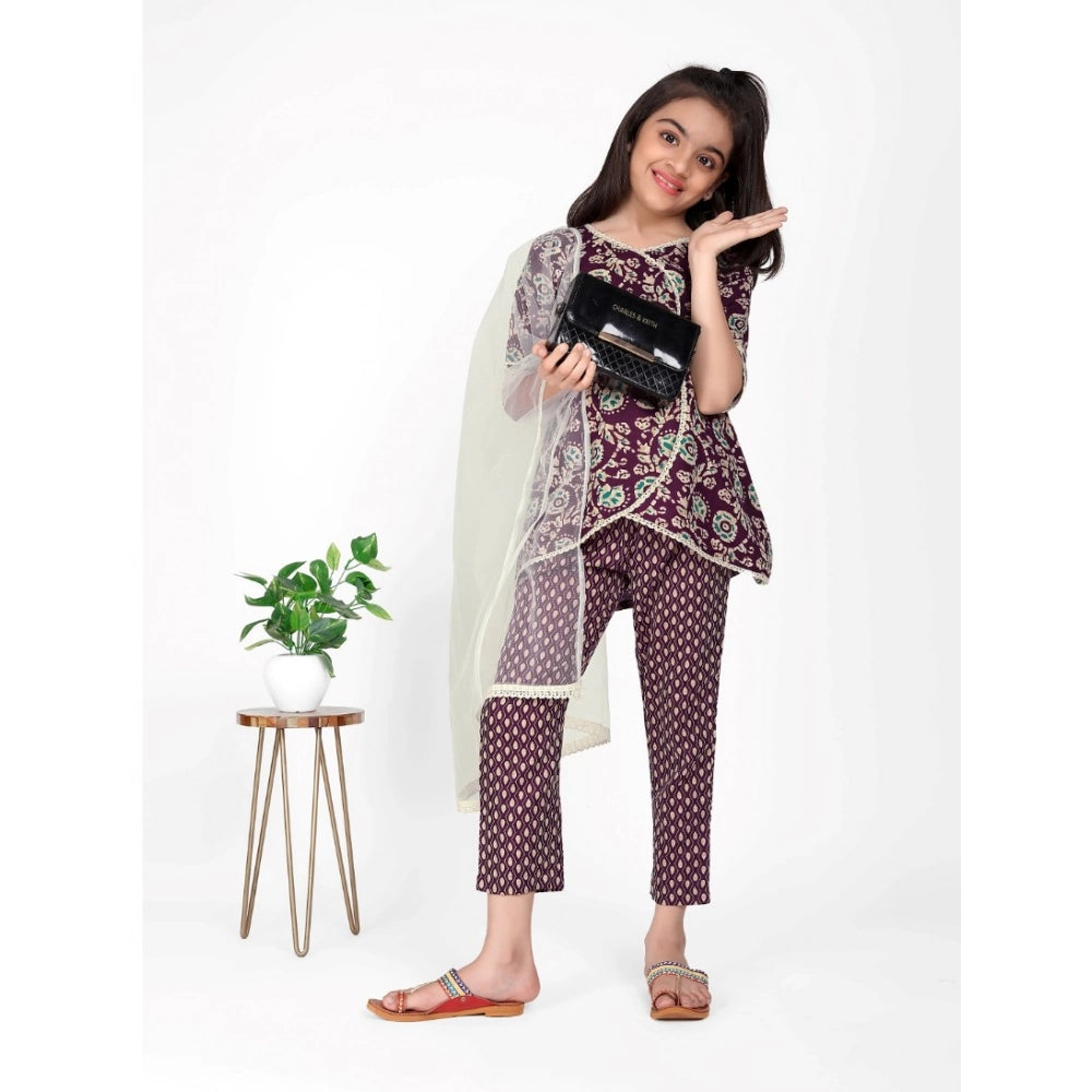Brown cotton printed kurti with bottom dupatta set, half sleeve round neck traditional Indian wear for girls