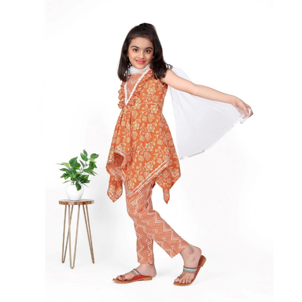 Orange cotton printed kurti & dupatta set, sleeveless V-neck style - girls traditional Indian wear