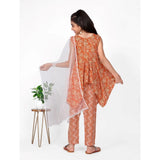 Orange cotton printed kurti set with bottom dupatta, sleeveless V-neck design. On model for visual context