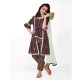 Maroon cotton embroidery lace shrug kurti with bottom dupatta set, intricate lace detailing on traditional Indian outfit