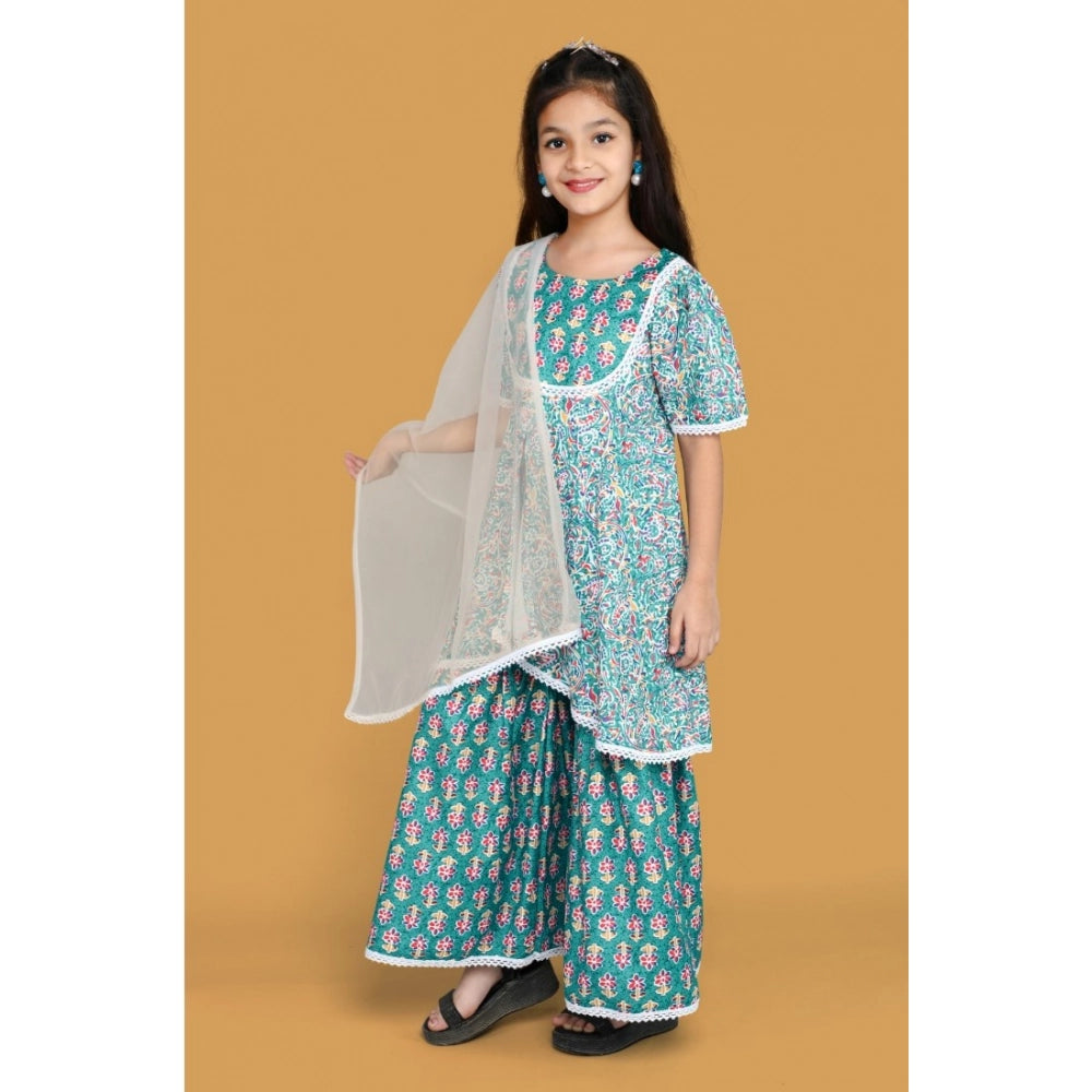 Teal silk blend floral printed shiffli lace top sharara & dupatta set for girls, half sleeve, round neck