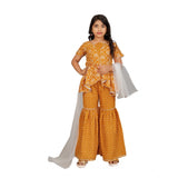 Mustard Cotton-Rayon Printed Girl's Top & Sharara Set - Half sleeves, round neck, vibrant pattern