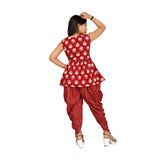 Maroon cotton rayon printed girl's top and dhoti set with dupatta, sleeveless round neck design