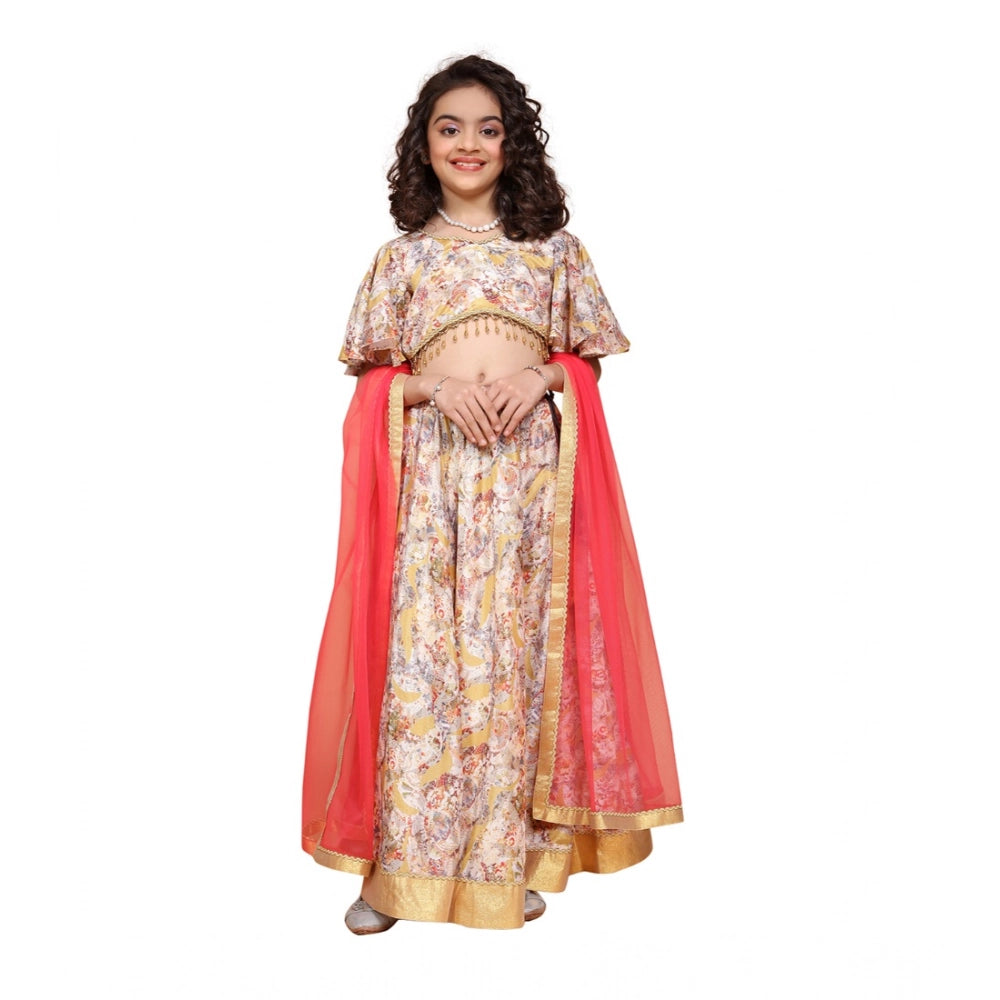 Beige chiffon printed lehenga choli set for girls, half sleeve v-neck traditional Indian outfit