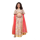 Beige chiffon printed lehenga choli set for girls, half sleeve v-neck traditional Indian outfit